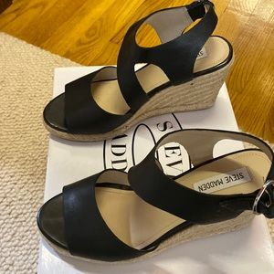 Steve Madden black leather strappy wedges